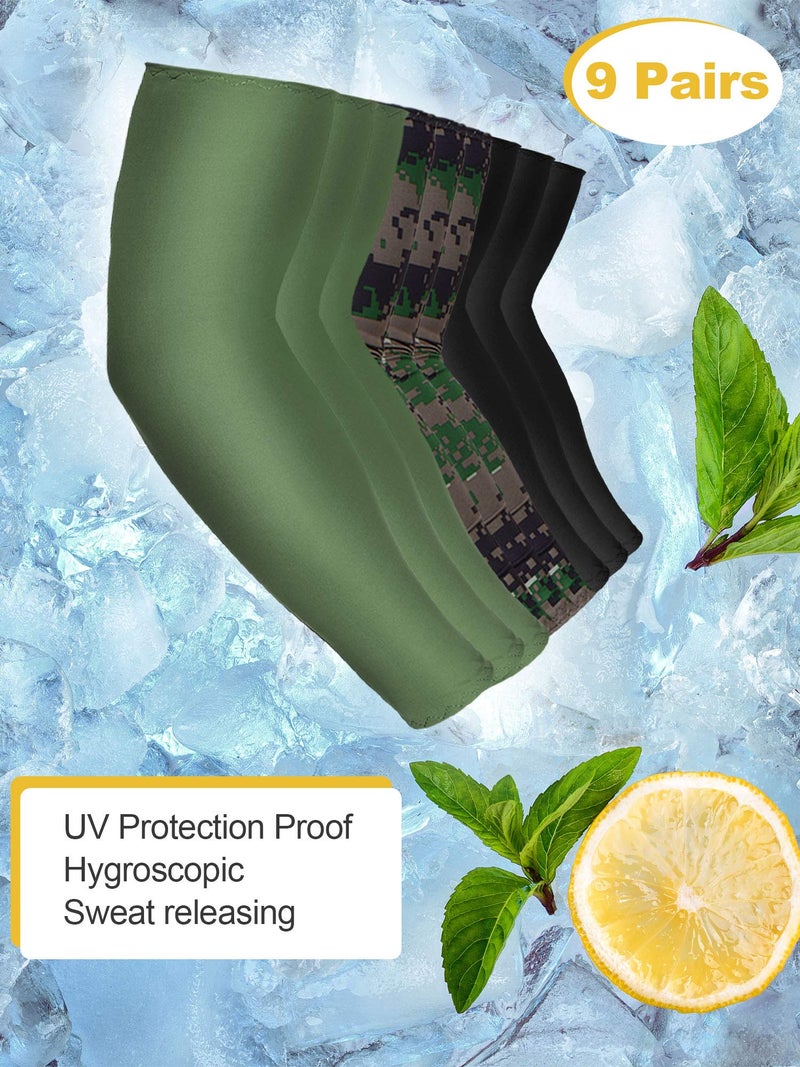 Bememo 9 Pairs Unisex UV Protection Cooling Sun Sleeves - Long Arm Ice Silk Cover (Black, Army Green, Camouflage) - Image 2